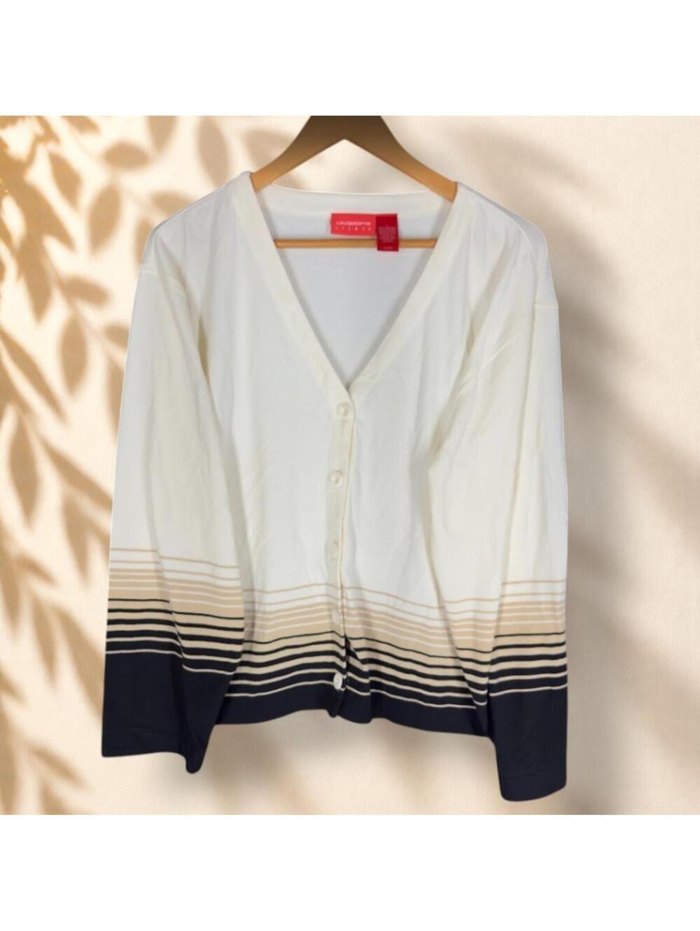 Liz Claiborne Cardigan Women L Large White Striped Button Knit V-Neck Soft Cozy